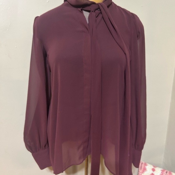Allen B. by Allen Schwartz Women Maroon Sheer Long Sleeve Tiered Back  Blouse S - Picture 3 of 11